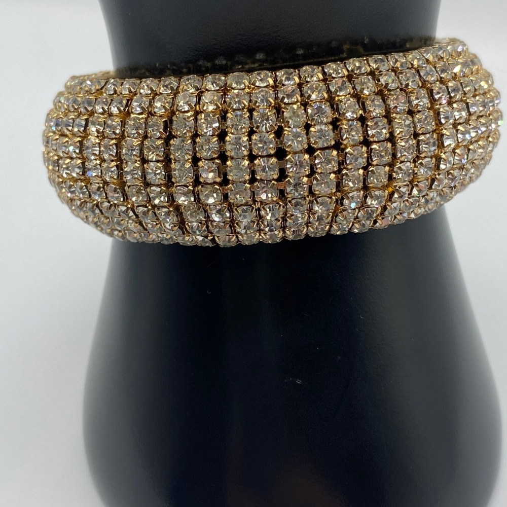 Clear Rhinestone‎ Gold Tone 9-Row Stretch Cuff Bracelet 2" Wide Formal Glam